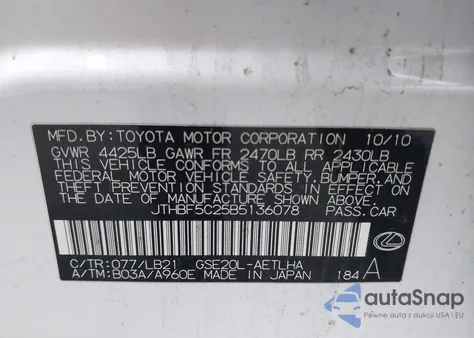 2011 Lexus Is 250 z USA, uszkodzony, nr VIN JTHBF5C25B5136078